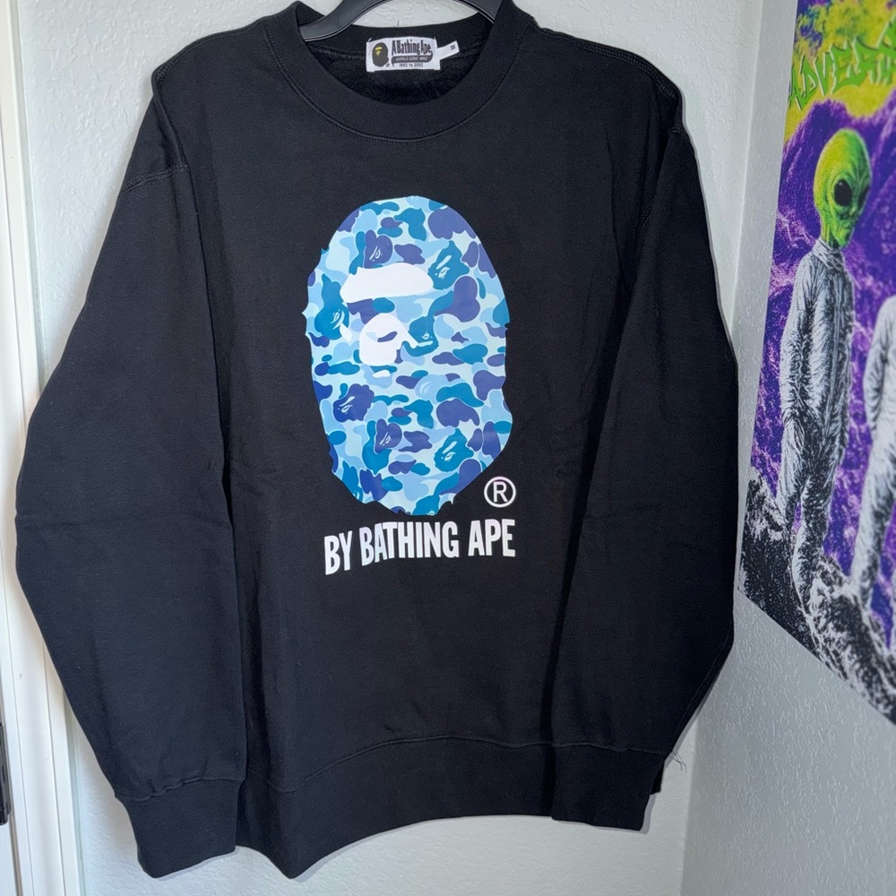 Bape Black Crewneck with Blue Camo Ape Logo